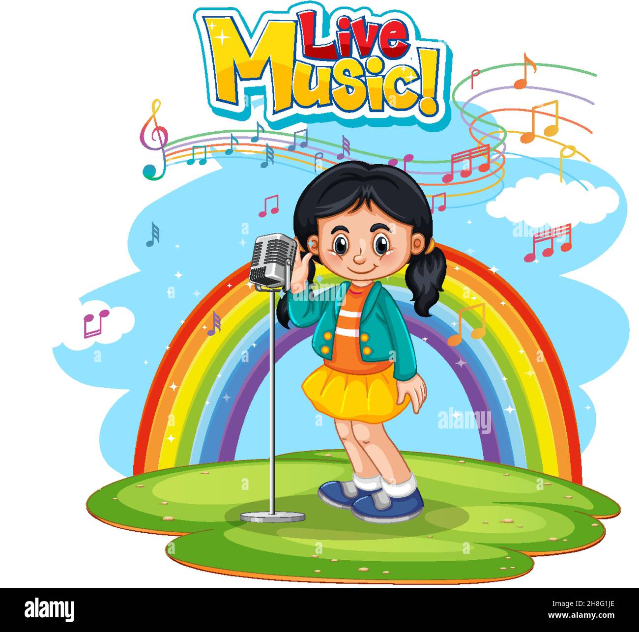Live-Musik-Logo mit einem Mädchen singen auf Regenbogen Hintergrund Illustration Stock Vektor