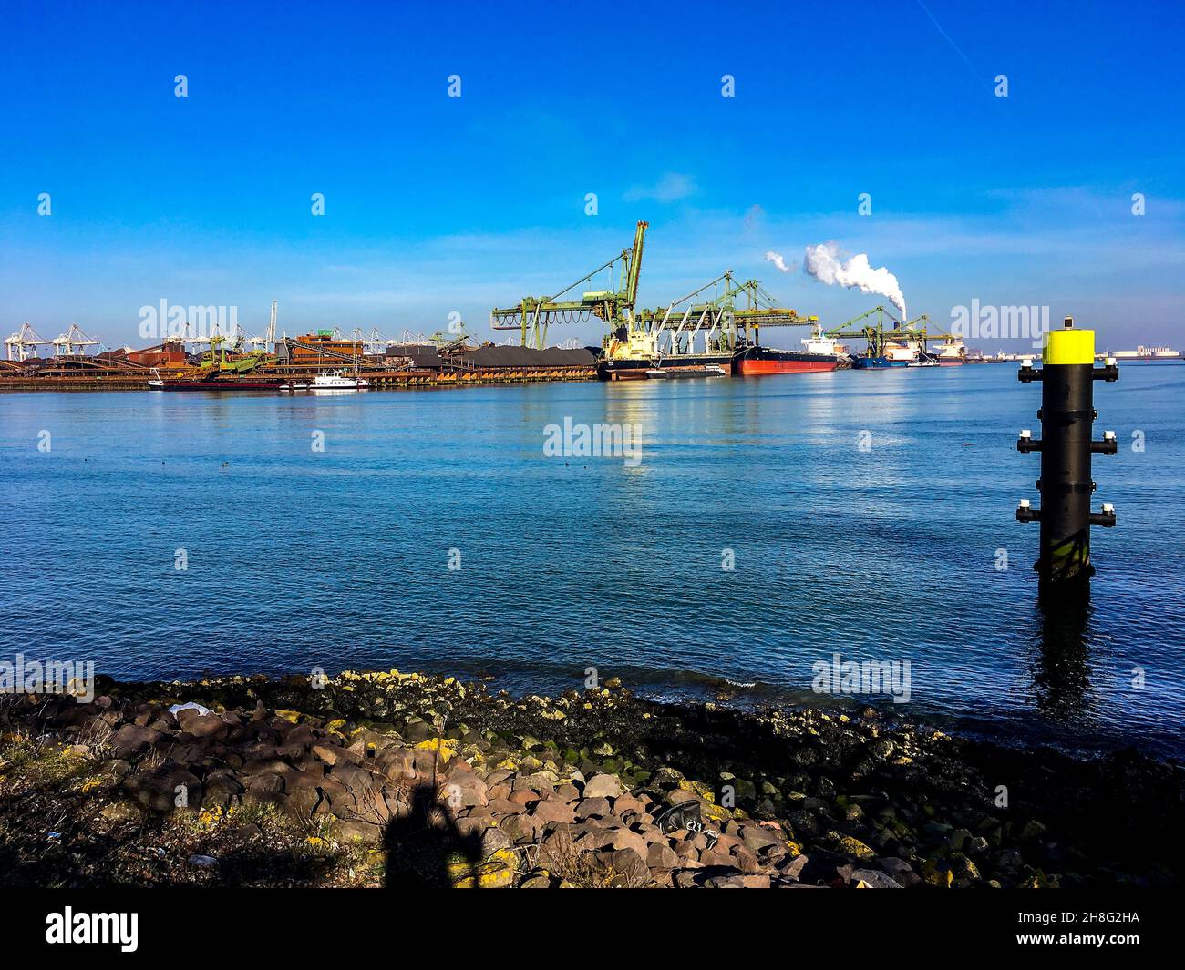 Rotterdam, Niederlande. Blick auf den EMO Cole & Ore Terminal im Hafen von Rotterdam und 2ns Maasvlakte an einem sonnigen Samstagnachmittag. Besonders Steinkohle ist ein sehr umweltverschmutzender fossiler Brennstoff, der Energie- und Elektrizitätswerke in ganz Europa antreibt. Aufgrund des Klimawandels sind die Investitionen in die Gewinnung und den Einsatz von Kohle rückläufig. Stockfoto