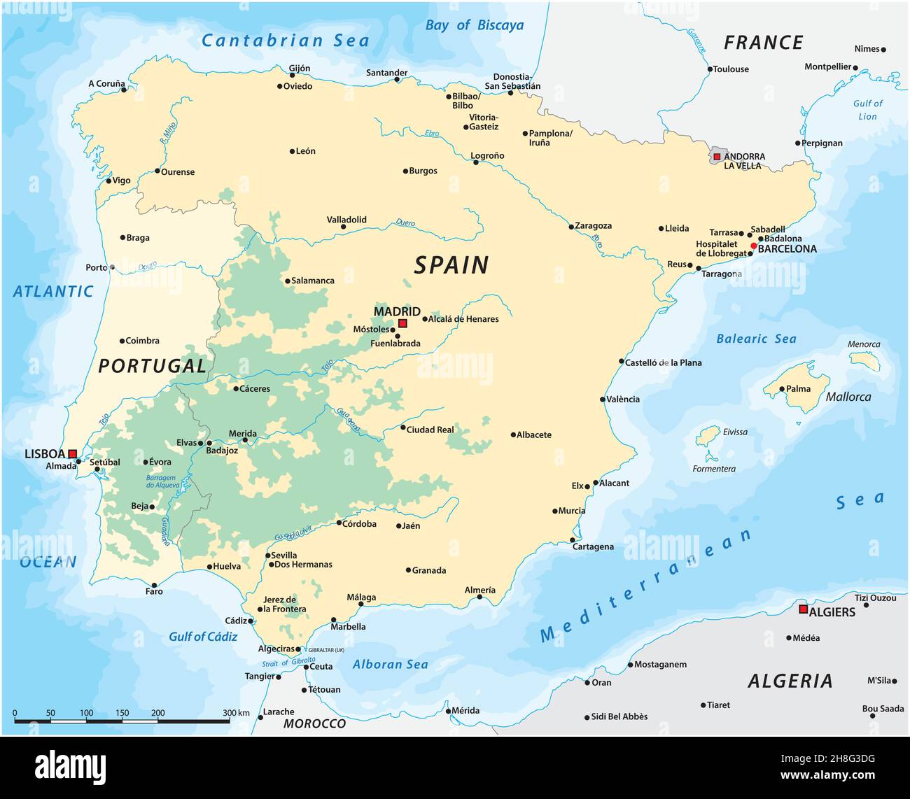 Karte der Dehesa, Montado, Kulturlandschaft des südlichen und mittleren Spaniens und des südlichen Portugals Stock Vektor