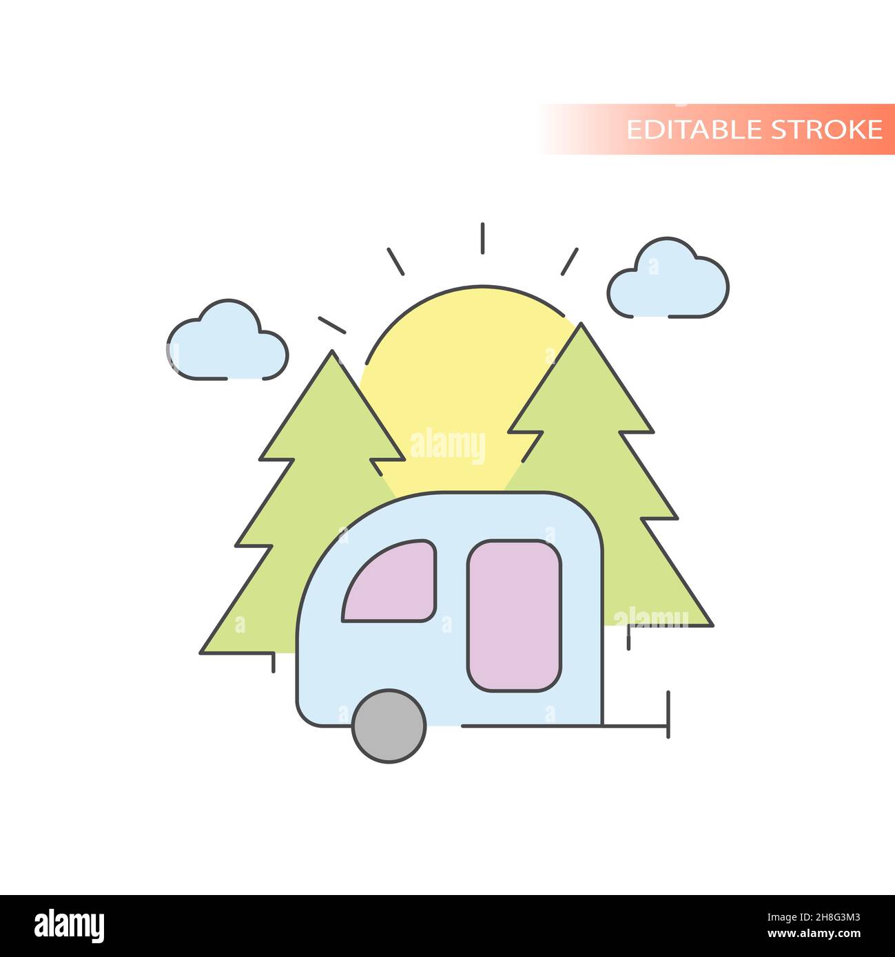 Wohnwagen in der Natur mit Bäumen und Sonne. Camping Linie Vektor-Symbol, skizzieren Wohnwagen mit bunten füllen. Stock Vektor
