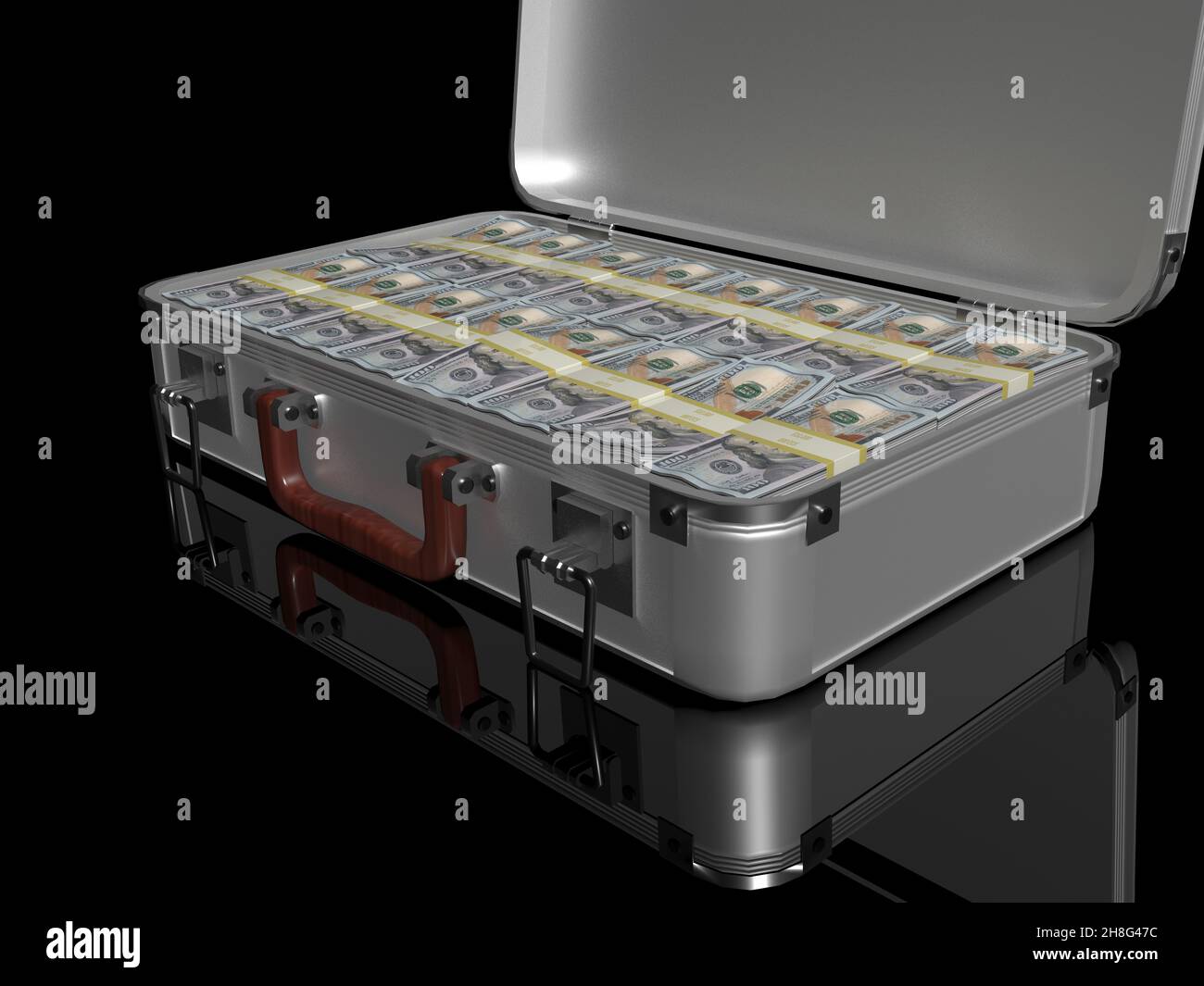 3D Rendern. Aluminiumkoffer, gefüllt nach oben mit Bündeln von hundert Dollar Scheinen. Stockfoto