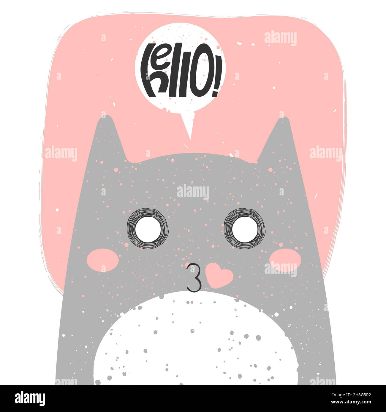 Niedliche Katze küssen mit Anime Emotion und Rede schwatzen sagen Hallo. Handgezeichnete Vektor-Illustration von Kitty in flachen Cartoon-Design. Niedlicher Kinderclip Stock Vektor