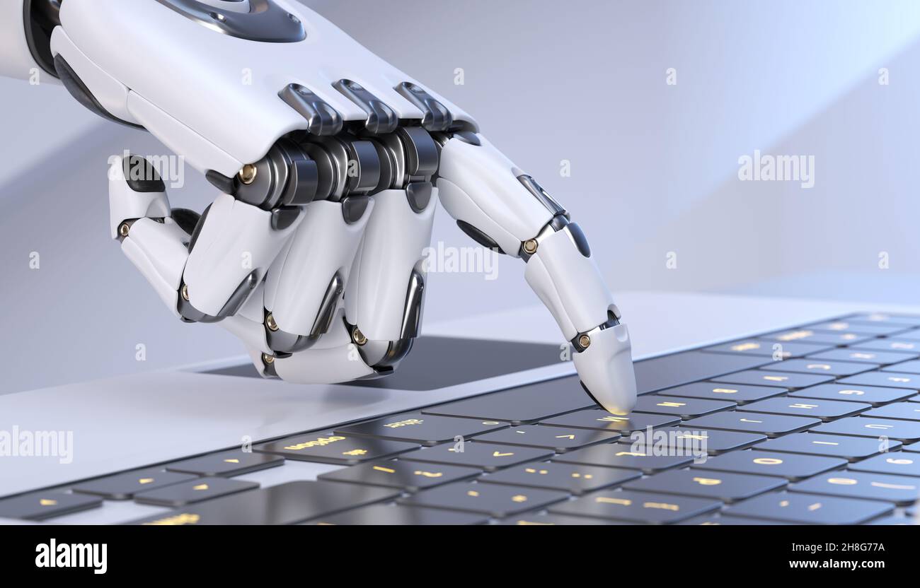 Weißer Roboter Cyborg Hand drückt eine Tastatur auf einem Laptop. 3D Abbildung Stockfoto