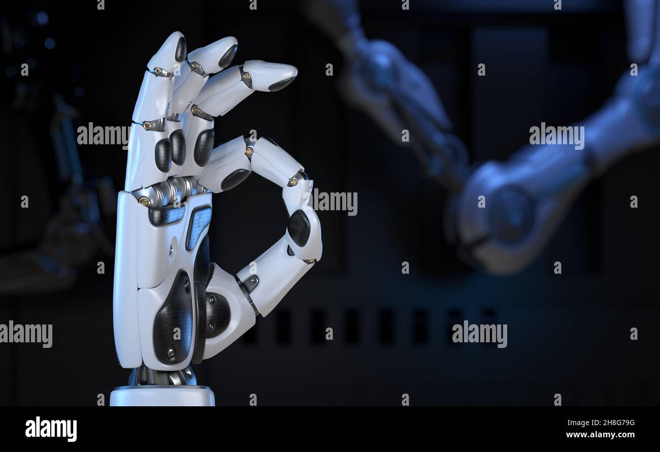 Cyber-Hand, Roboterarm zeigt - OK, positives Zeichen. 3D Abbildung Stockfoto