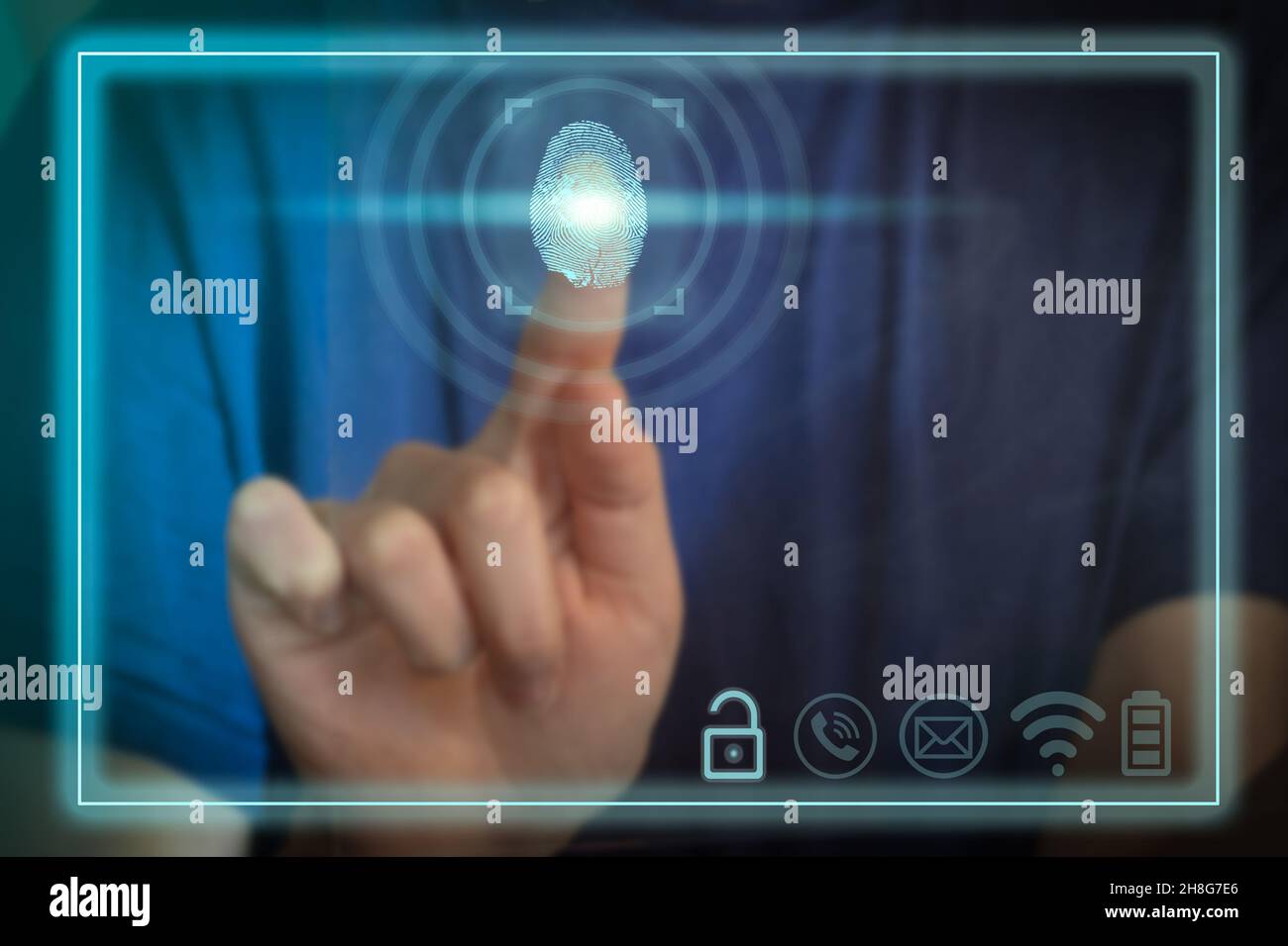 Biometrische Fingerabdruck-Digital-Scan-Technologie. Ein Finger mit Scan-Identifizierung. Konzept der digitalen Sicherheit. Stockfoto