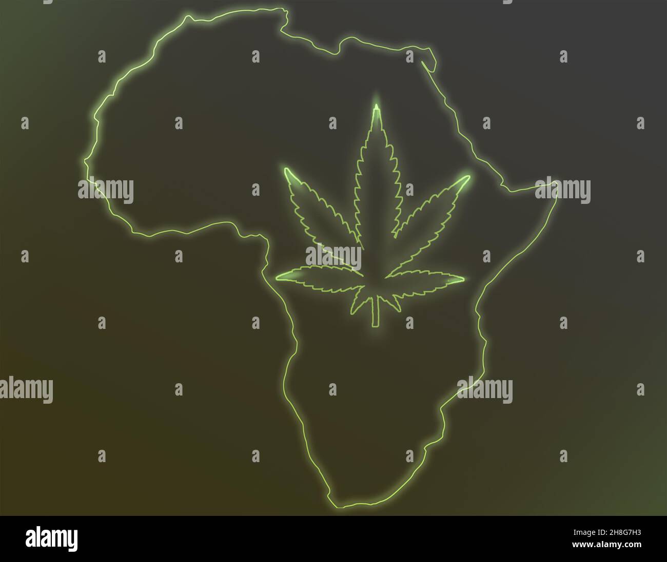 Der afrikanische Kontinent mit einem Cannabisblatt auf einem dunklen Hintergrund. Das Konzept des Anbaus von medizinischem Cannabis in Afrika. Neon leuchtendes Cannabis-Symbol Stockfoto