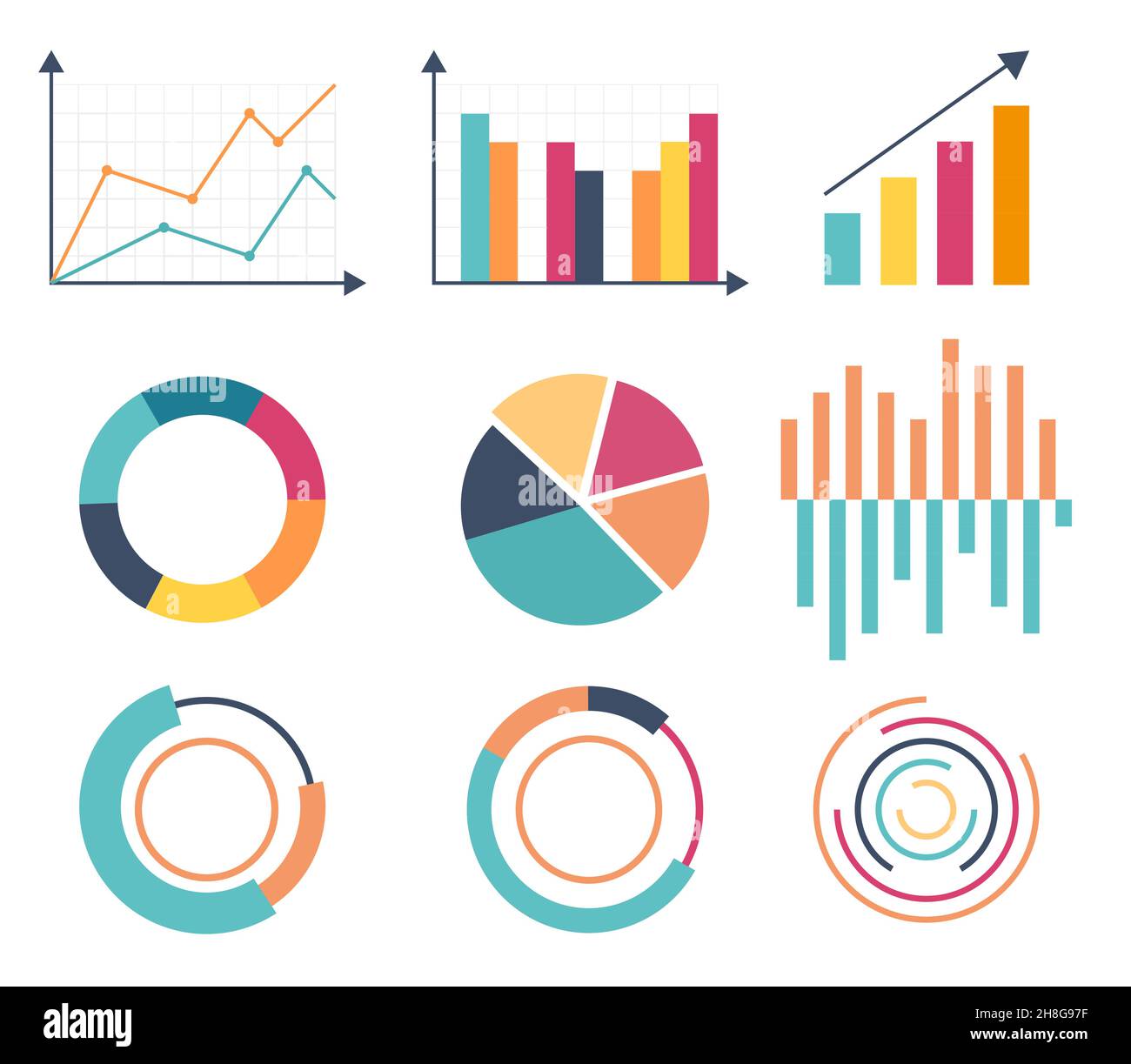 Geschäftsdaten Marktelemente Punktbalken Kreisdiagramme und Diagramme flache Symbole setzen isolierte Vektor-Illustration. Eps 10 Stock Vektor