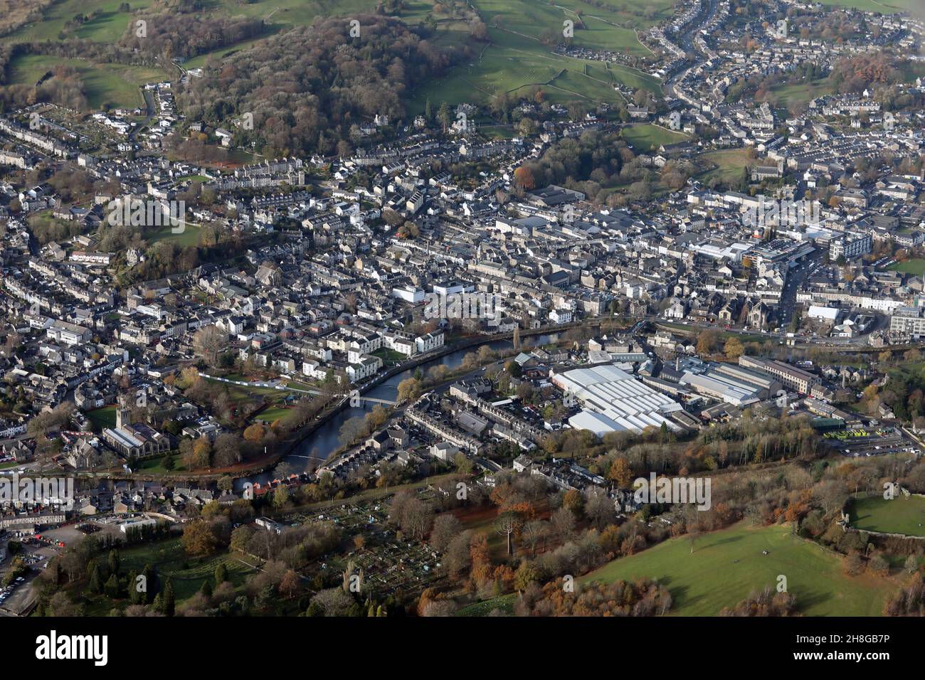 Luftaufnahme von Kendal, einer Marktstadt in Cumbria, Großbritannien Stockfoto