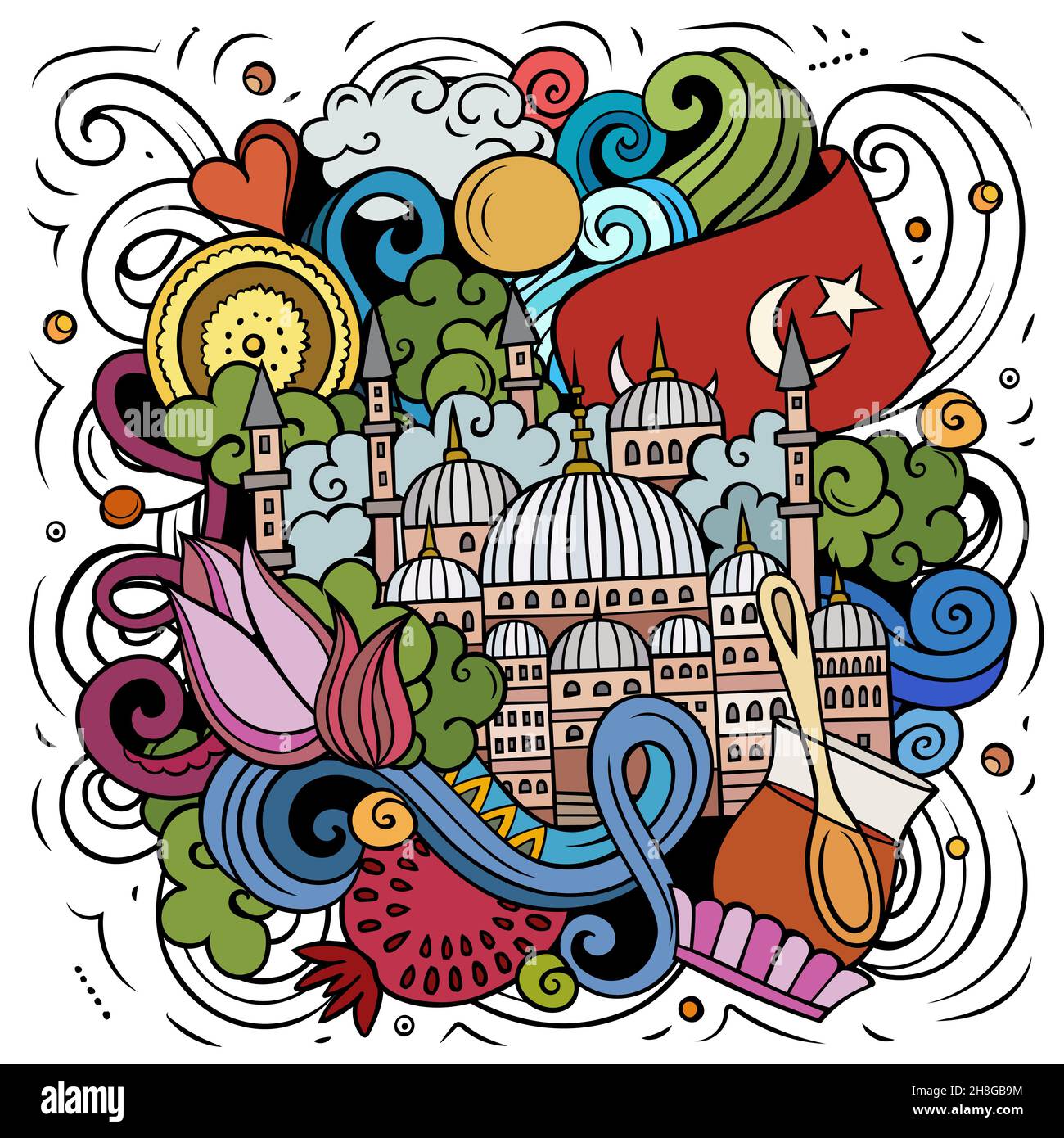 Istanbul Cartoon Vektor Doodle Illustration. Farbenfrohe, detailreiche Komposition mit vielen türkischen Objekten und Symbolen. Stock Vektor
