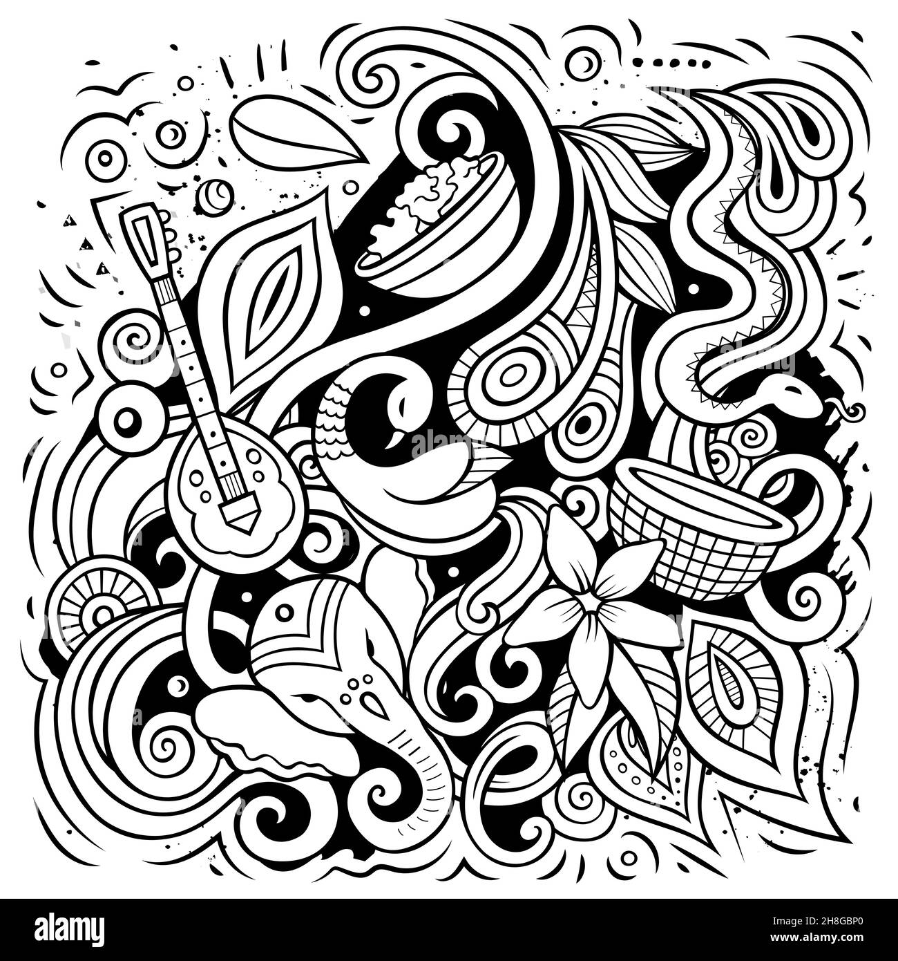 Indien Cartoon Vektor Doodle Illustration. Line Art detaillierte Komposition mit vielen indischen Objekten und Symbolen. Stock Vektor