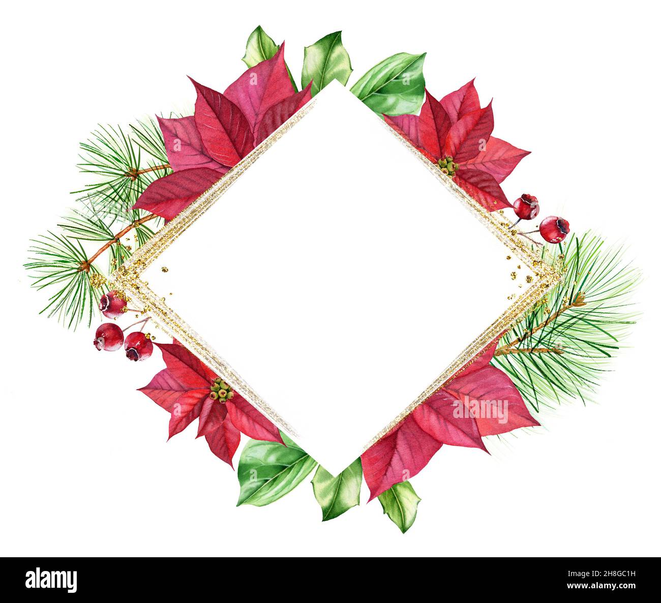 Weihnachtsrahmen mit goldenem Glitzer. Rhombenschablone mit roter Weihnachtssterne, Kiefern, Platz für Text und glitzernder Folie. Aquarell botanisch Stockfoto