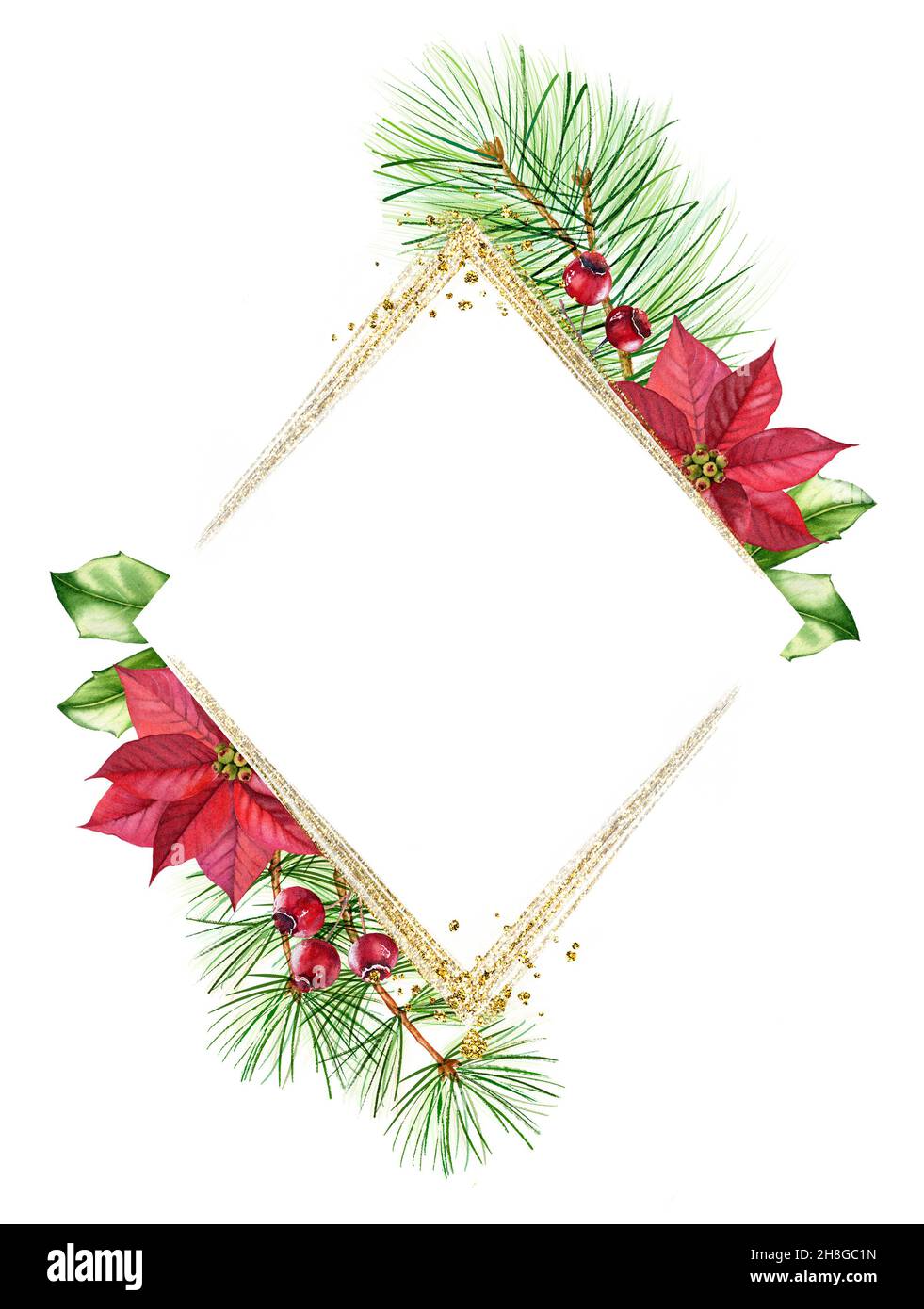 Aquarell-Weihnachtsrahmen mit goldenem Glitzer. Rhombenschablone mit roter Weihnachtssterne, Kiefern, Platz für Text und glitzernder Folie. Botanisch Stockfoto