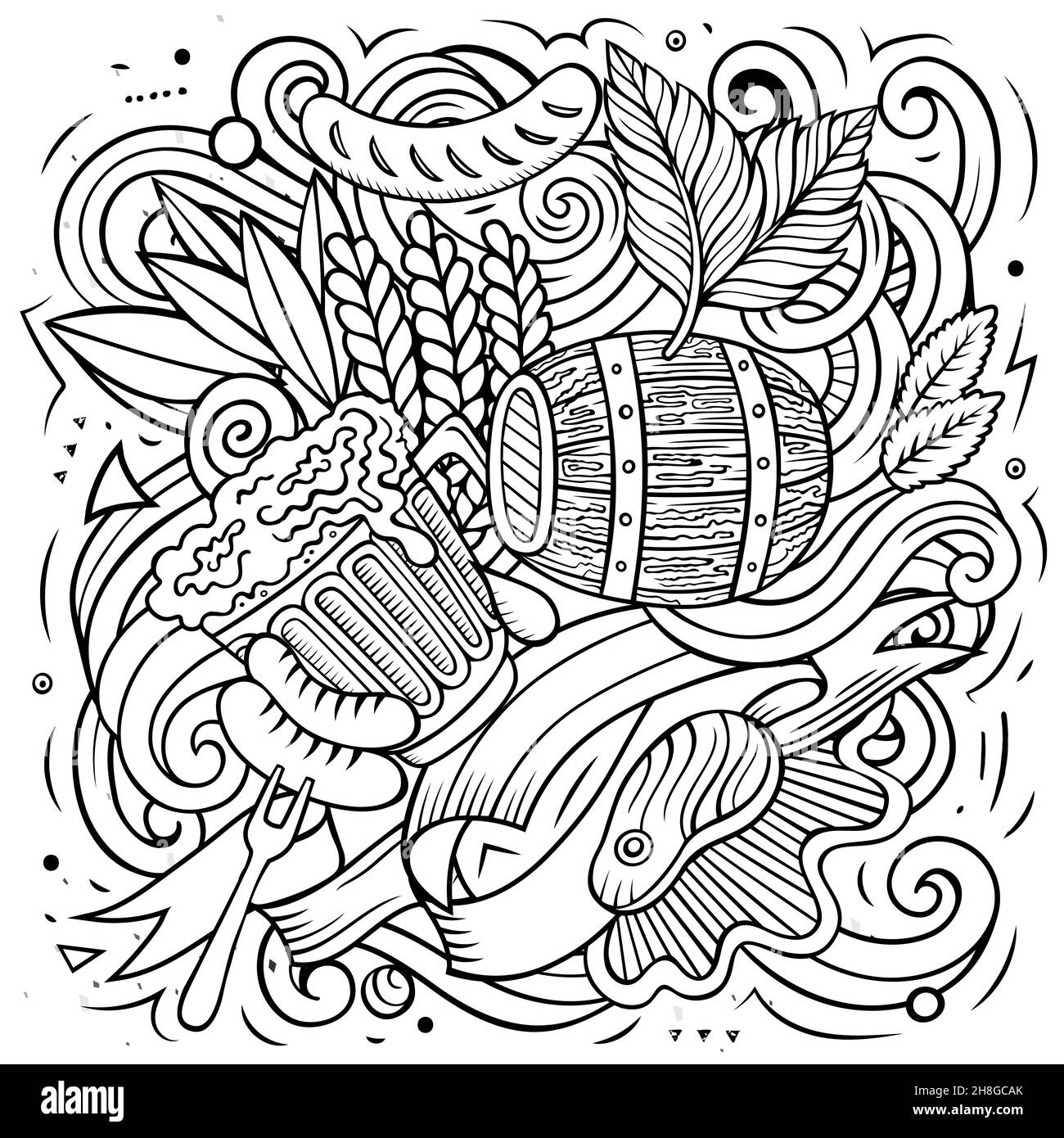 Deutschland Cartoon Vektor Doodle Illustration. Line Art Detaillierte Komposition mit vielen deutschen Objekten und Symbolen Stock Vektor