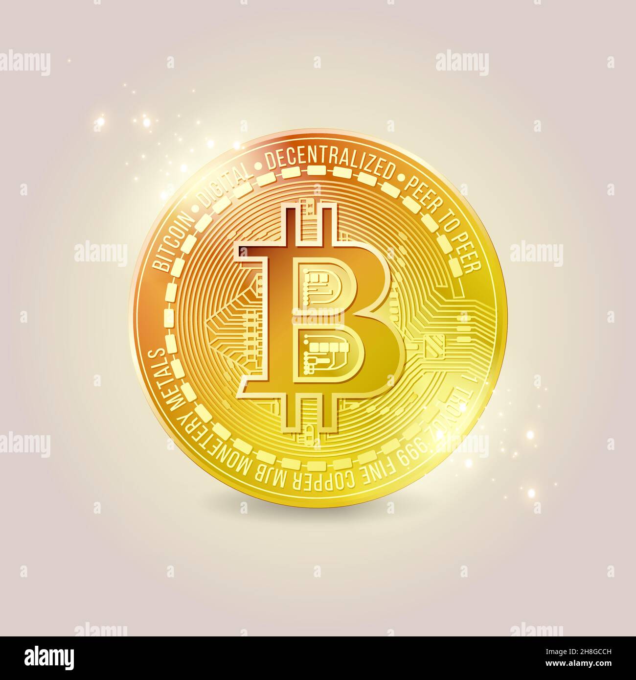 Gold Bitcoin Münze auf einem sanften rosa Hintergrund mit Blendung Stock Vektor