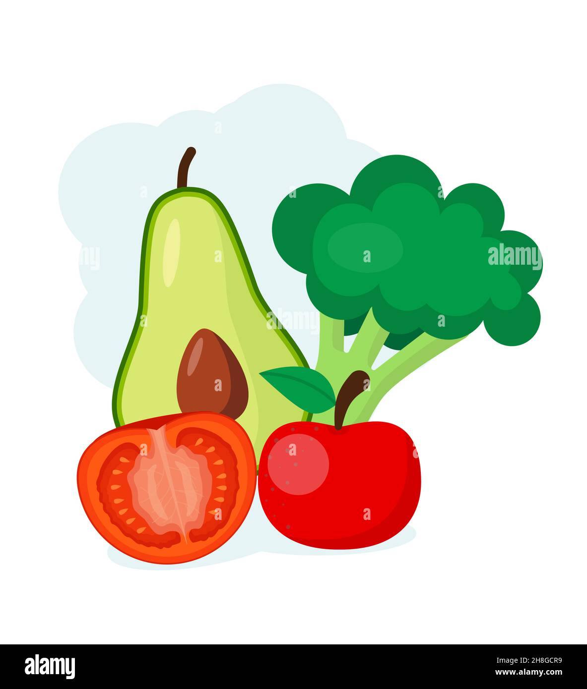 Avocado, Apfel, Brokkoli, Karotten frisch, diätetisch, Bio, Lebensmittel. Cartoon-Stil EPS 10 Stock Vektor