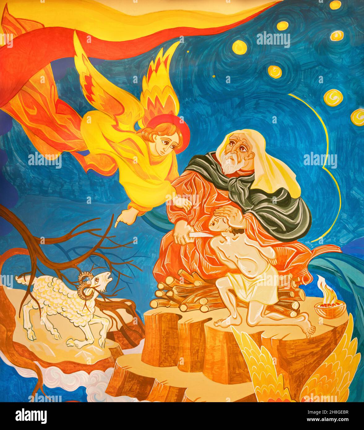 Forlí, ITALIEN - 11. NOVEMBER 2021: Das moderne Fresko-Opfer von Isac in der Kirche Chiesa di San Giuseppe Artigiano von Franco Vignazia (2019). Stockfoto