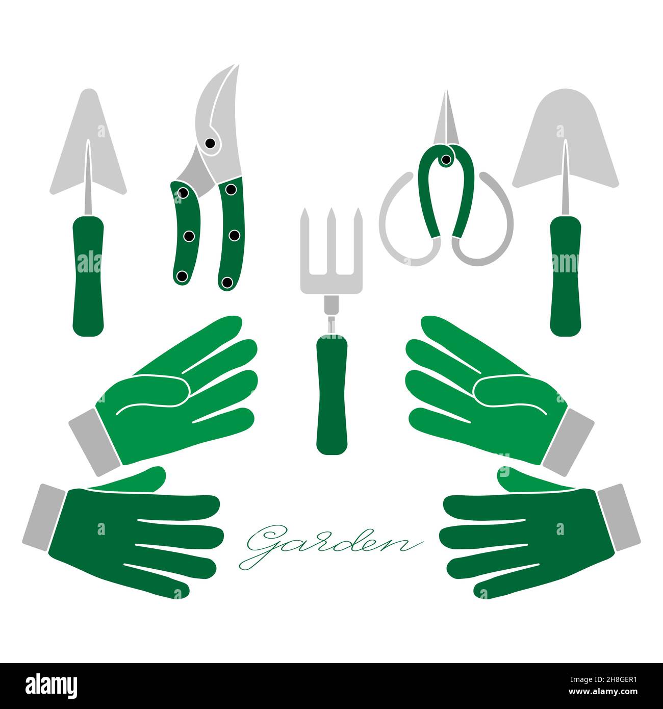Gartengeräte Set aus Handschuhen, Kellen, Handgabel, Scheren und Baumscheren in blauer Farbe einfaches minimalistisches flaches Design Symbol Vektor Illustration isolat Stock Vektor