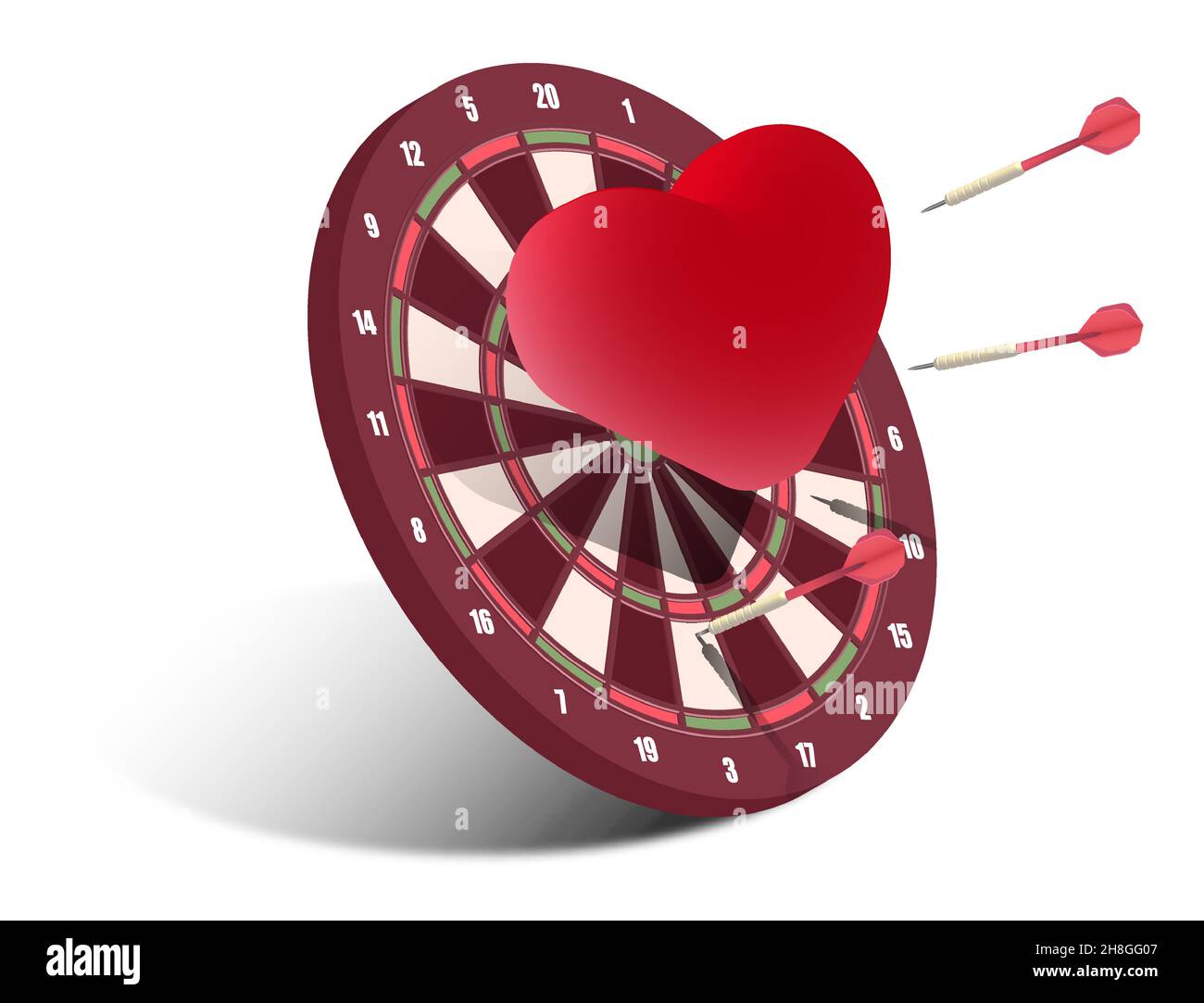 Rote Pfeile in der Mitte des Herzziels. Kampf um die Sympathie und das Herz des Partners. Realistischer 3D-Vektor Stock Vektor