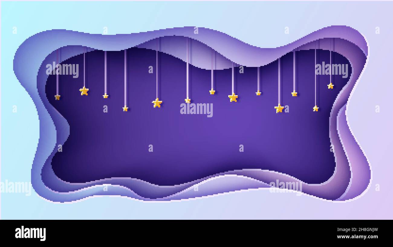 Nachthimmel rechteckiger Rahmen mit Sternen am Seil in Papierschnitt-Stil. Schneiden Sie 3D Hintergrund mit violett blauen Gradienten papercut Kunst. Märchen Vektor Stock Vektor