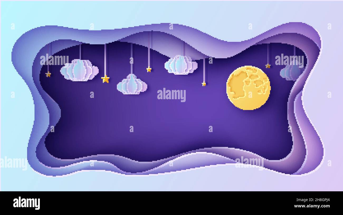 Nachthimmel rechteckiger Rahmen mit Sternen und Wolken am Seil und Vollmond in Papierschnitt-Stil. Schneiden Sie aus 3D Hintergrund papercut Kunst. Märchen Vektorkarte Stock Vektor