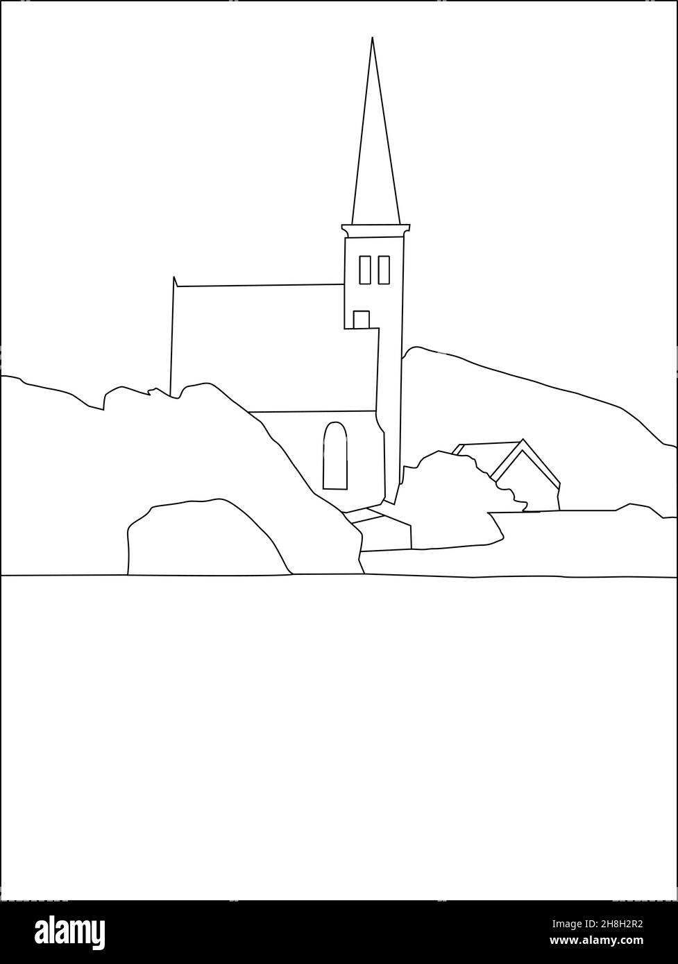 Kirche von Den Hoorn, Texel, Niederlande. Schwarz-weiß-Zeichnung der Stadt Den Hoorn mit dem Kirchturm Stock Vektor