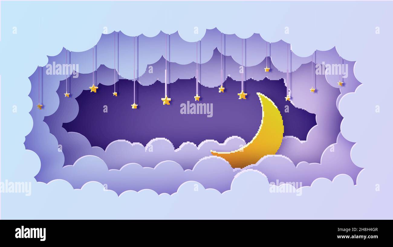 Nachthimmel Wolken rechteckiger Rahmen mit Sternen auf Seil und Mond in Papierschnitt-Stil. Schneiden Sie 3D Hintergrund mit Halbmond und wolkigen Landschaft papiercut Stock Vektor