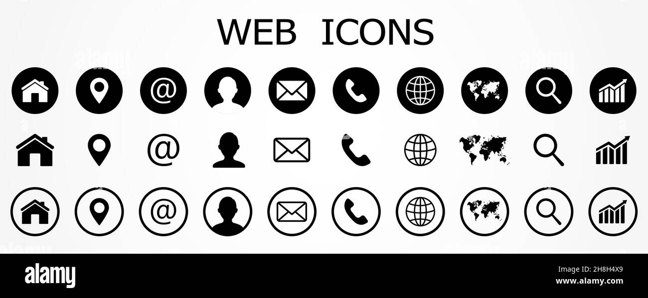 Web-Symbol festgelegt. Kontaktieren Sie uns Symbole, Satz von Website-Symbole, Vektor. Kommunikationssymbol. Stock Vektor