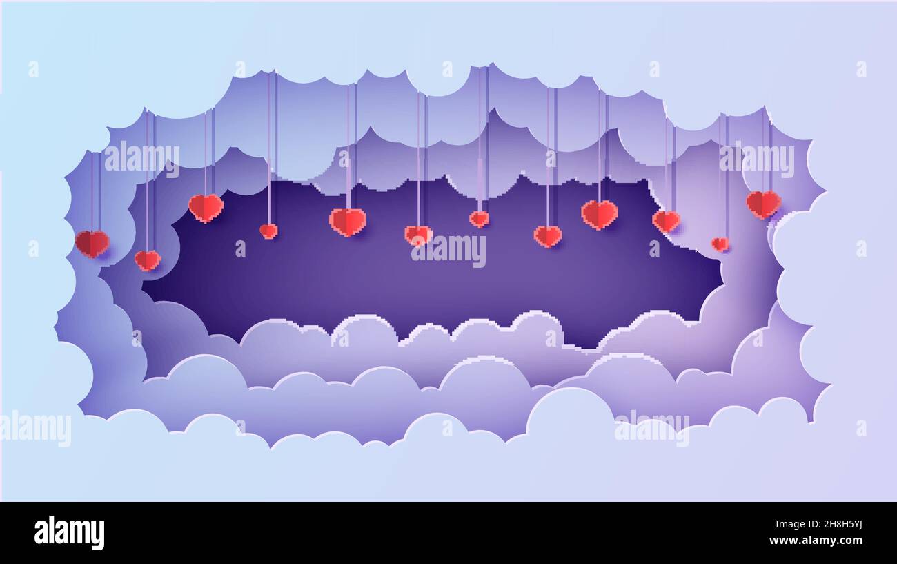 Valentine Schnitt 3D Hintergrund mit violett blau Gradient bewölkt Landschaft papiercut Kunst. Nachthimmel Wolken rechteckigen Rahmen mit Herzen auf Seil in Stock Vektor