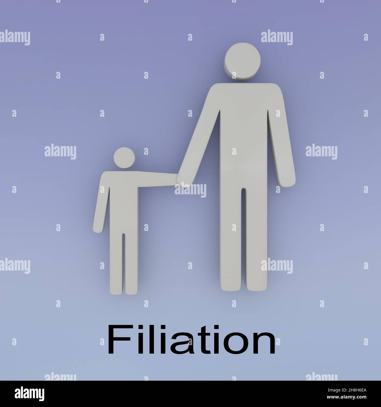 3D Darstellung von Vater und Sohn mit Filiationsschrift, isoliert auf blauem Hintergrund. Stockfoto