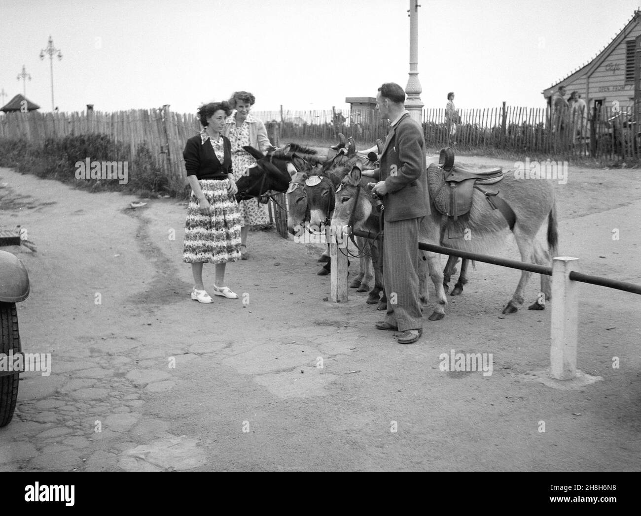 1950s, historisch, sommerlich und an der britischen Küste, zwei Damen, Ende 30 Jahre alt und in den langen, mit Blumen gemusterten Kleidern der Zeit, neben einigen Eseln stehend, im Gespräch mit ihrem männlichen Besitzer, England, Großbritannien. Eselreiten für Kinder sind seit Generationen ein traditioneller Teil eines britischen Badeurlaubs. Stockfoto