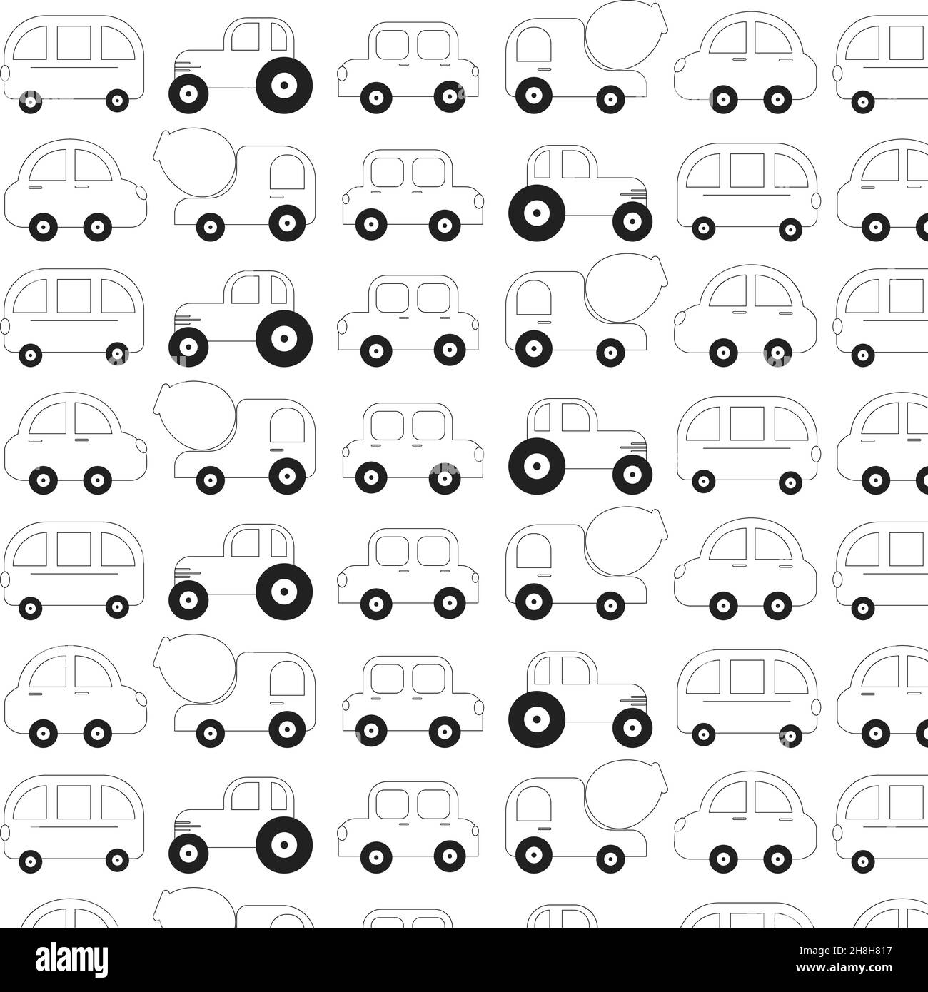 Nahtloses Muster mit Konturautos für einen Jungen Stock Vektor