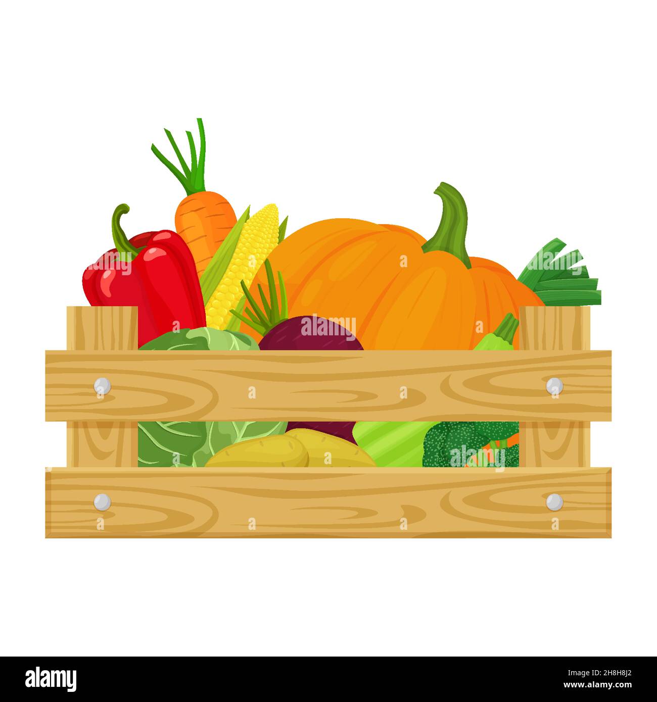 Holzkiste mit verschiedenen frischen Gemüse, isoliert auf weißem Hintergrund. Vektor-Illustration von Bio-Bauernhof Lebensmittel Cartoon flachen Stil. Stock Vektor