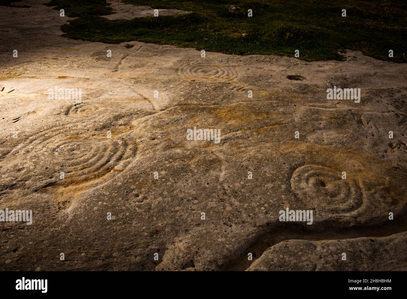 Neolithische Felskunst auf Chatton Park Hill in Northumberland, Großbritannien Stockfoto