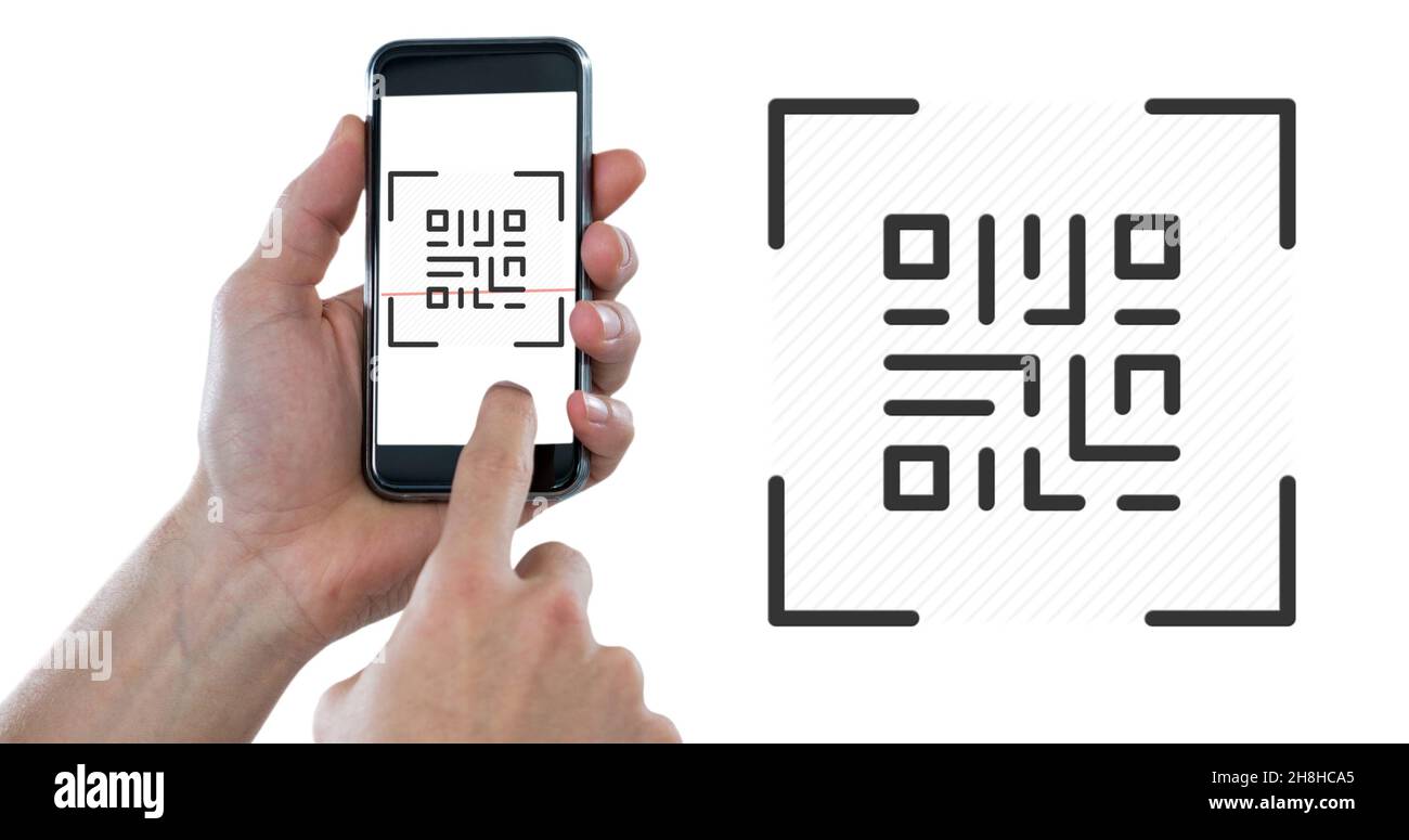 Abgeschnittene Hand Scannen qr-Code mit Handy mit Kopierplatz auf weißem Hintergrund Stockfoto