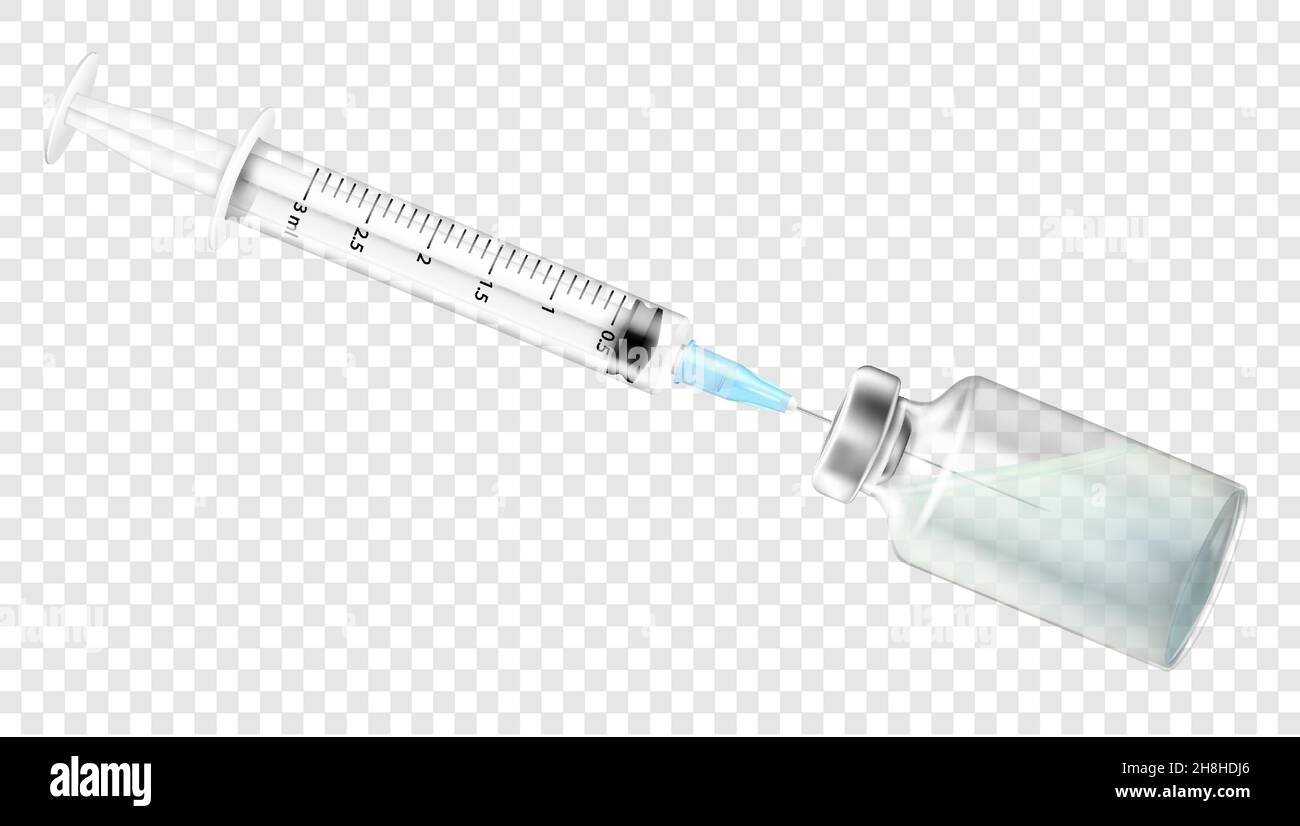 Medizinische Spritze mit einer Nadel in einem Fläschchen mit einem Impfstoff zur Unterspritzung, mit Anti-Covid-19-Serum. Injektionen, Impfstoff und Einwegspritze. Stock Vektor