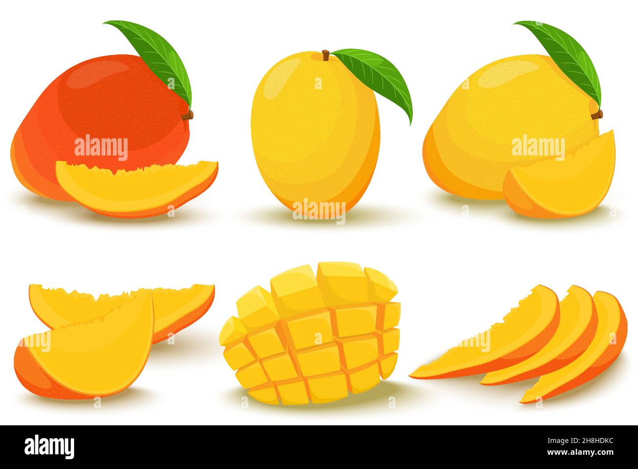 Mango. Ganz und Teile. Heller Vektor-Satz aus farbenfroher halb-, Scheiben- und ganzer Mango. Frische Cartoon exotische Früchte isoliert auf weißem Hintergrund. Stock Vektor