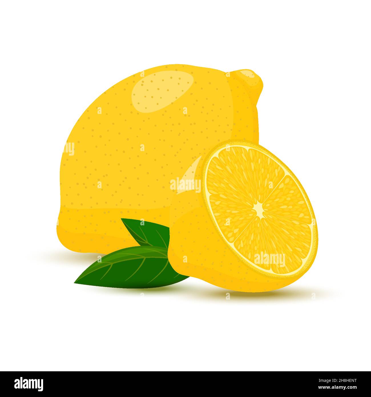Zitrone isoliert auf weißem Hintergrund. Zitronenfrüchte ganz und halb mit Blättern. Cartoon-Stil, flaches Design. Stock Vektor