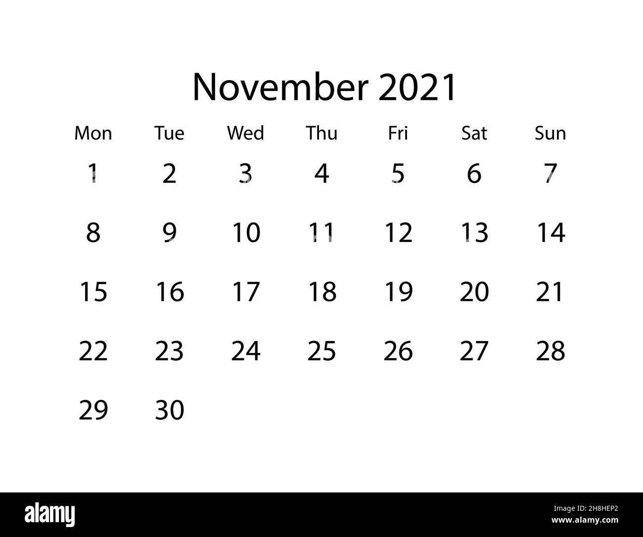 Vektorkalender für den Monat November 2021 auf weißem Hintergrund Stock Vektor