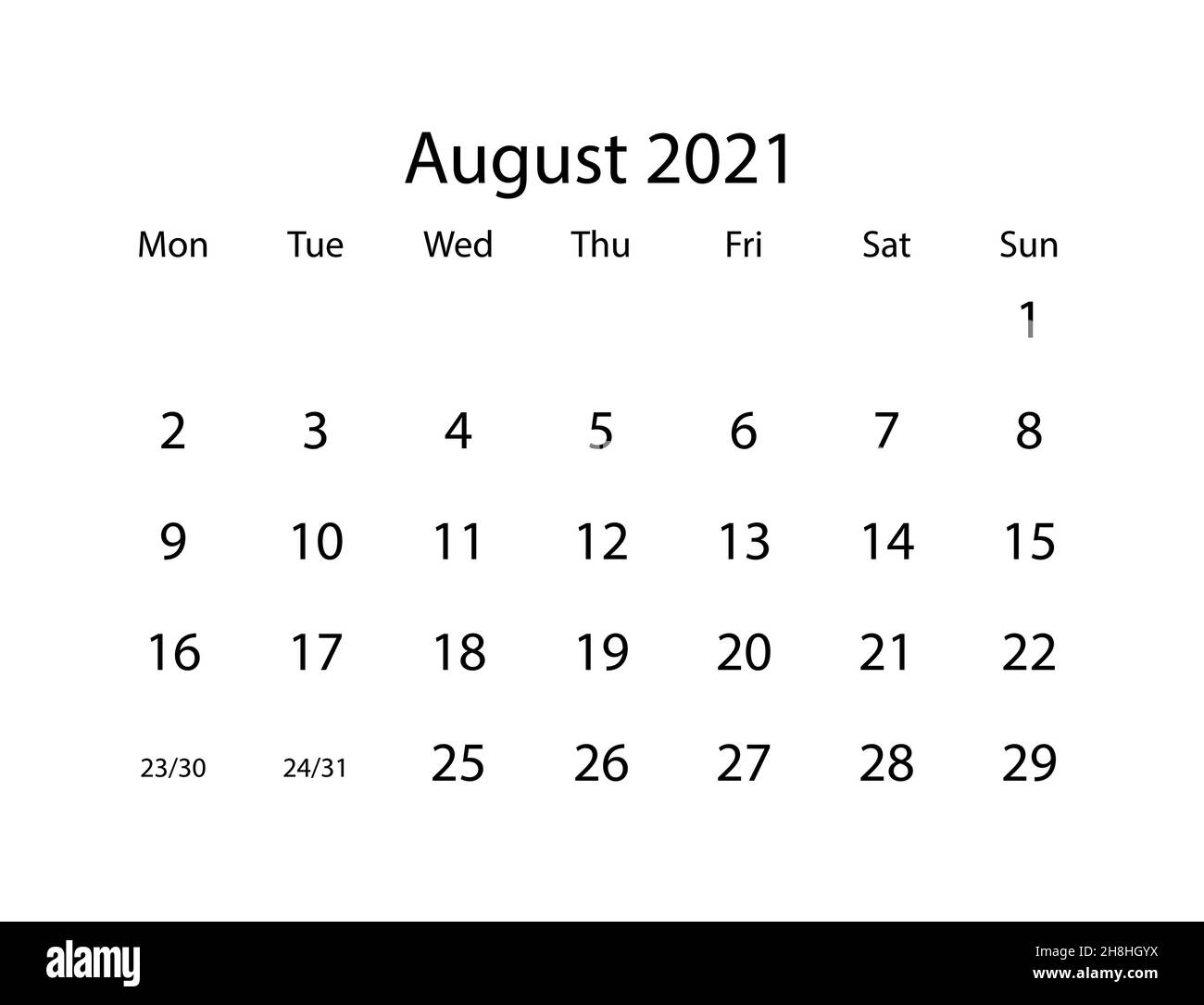 Vektorkalender für den Monat August 2021 auf weißem Hintergrund Stock Vektor