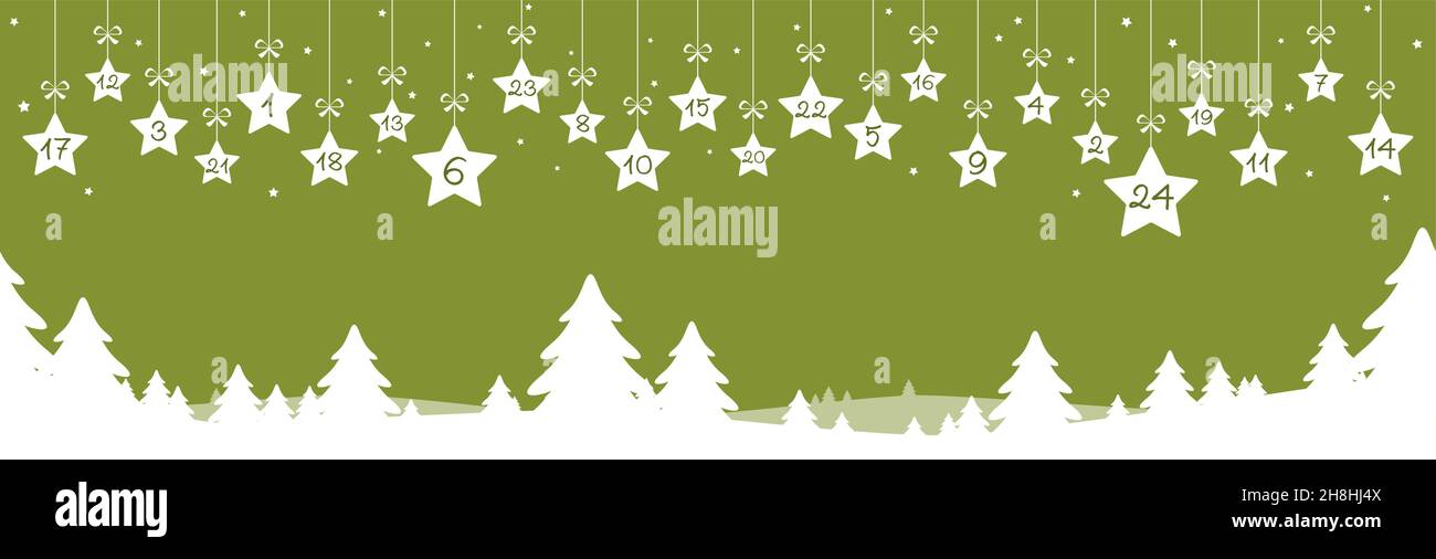 Hängende weisse Weihnachtssterne mit Zahlen 1 bis 24, die den Adventskalender für Weihnachten und Winterkonzepte zeigen, Naturhintergrund mit Tannenbäumen Stock Vektor
