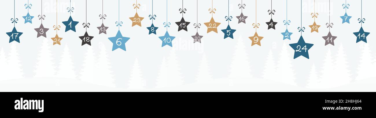 Hängende weihnachtssterne blau gefärbt mit Zahlen 1 bis 24 mit Adventskalender für Weihnachten und Winterkonzepte, Naturhintergrund mit Tannenbäumen Stock Vektor