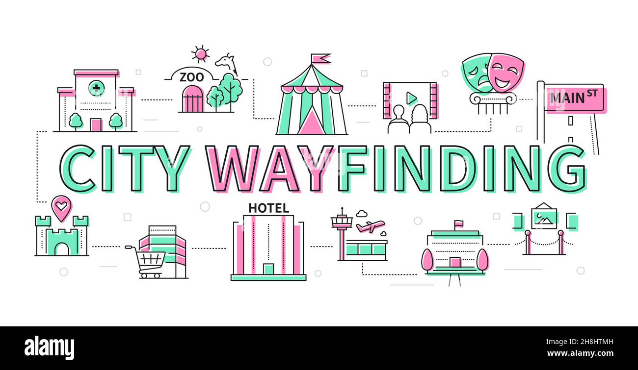 City Wayfinding – Banner im farbenfrohen Liniendesign. Hauptmetropole Gebäude - Krankenhaus, Hotel, Supermarkt, Kinos, Ausstellungen und andere. Touris Stock Vektor