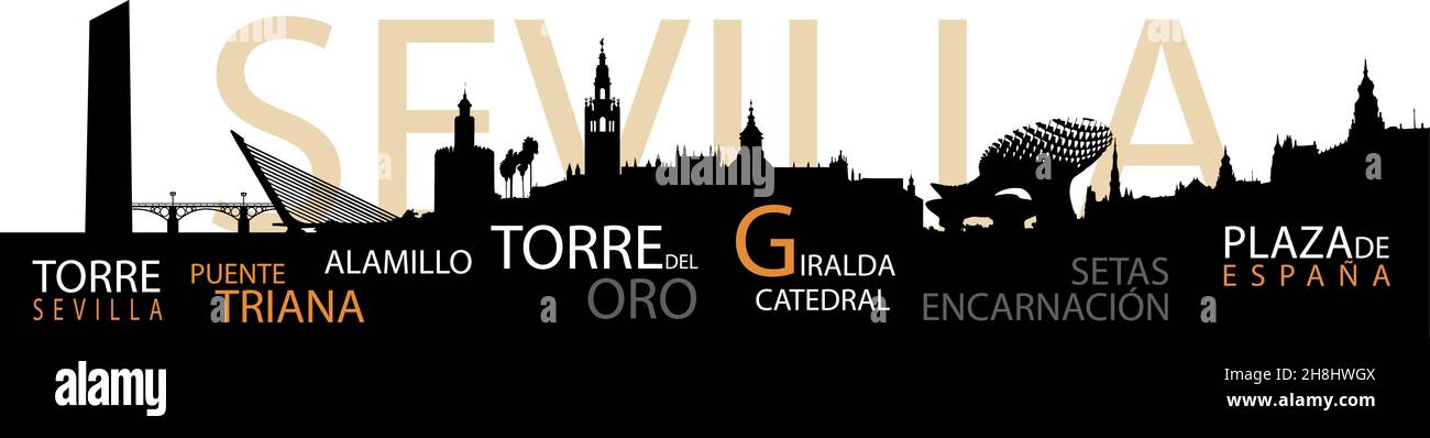 Die vektorielle Skyline der Stadt Sevilla mit ihren wichtigsten Monumenten, dem Torre del Oro, der Giralda, der Plaza de España, der Triana-Brücke... Stock Vektor