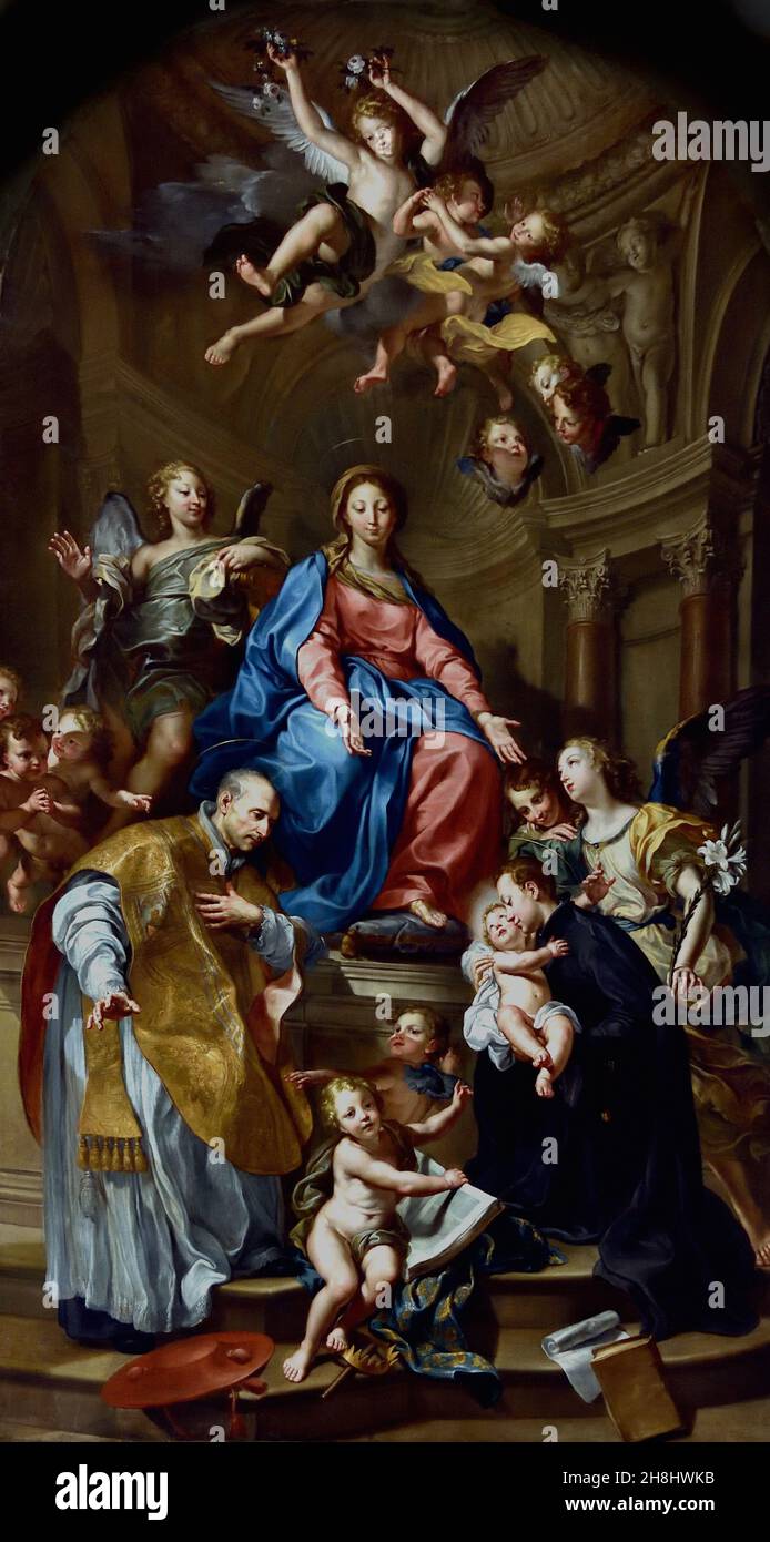 „Madonna throned between Angels, St. Stanislas Kotska e St. Francis Borgia“, von Lorenzo De Ferrari (1731). Cattedrale Metropolitana di San Lorenzo - Kathedrale von Genua oder Metropolitan Cathedral of Saint Lawrence Gotischer Spatenstich 1110 beendet 17th Jahrhundert. Genua Italien Italienisch. Stockfoto