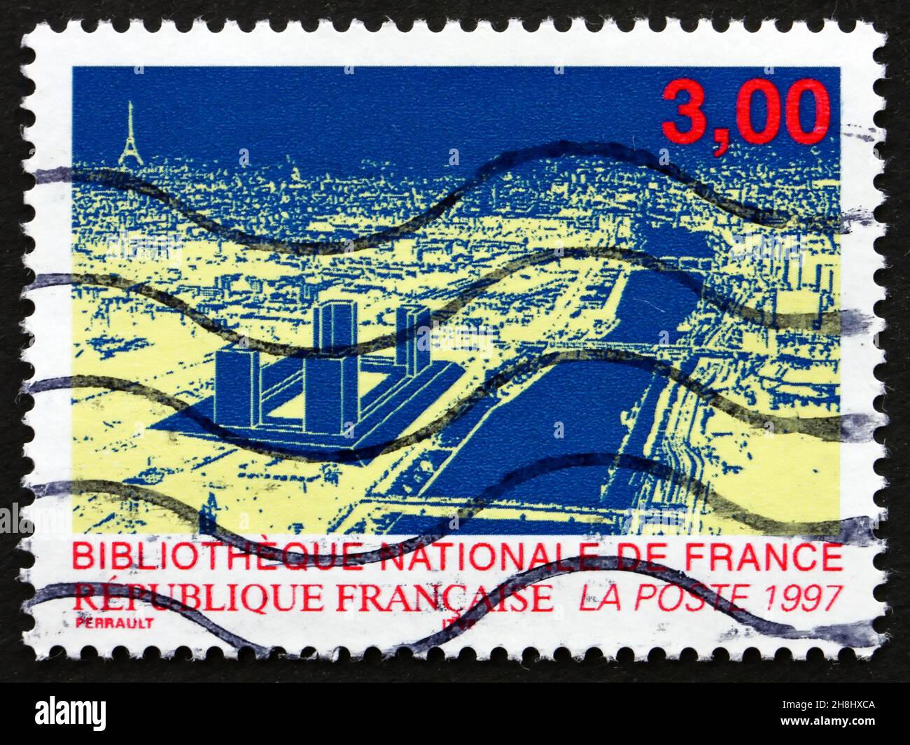 FRANKREICH - UM 1996: Eine in Frankreich gedruckte Briefmarke zeigt die Neue Nationalbibliothek von Frankreich, Paris, um 1996 Stockfoto