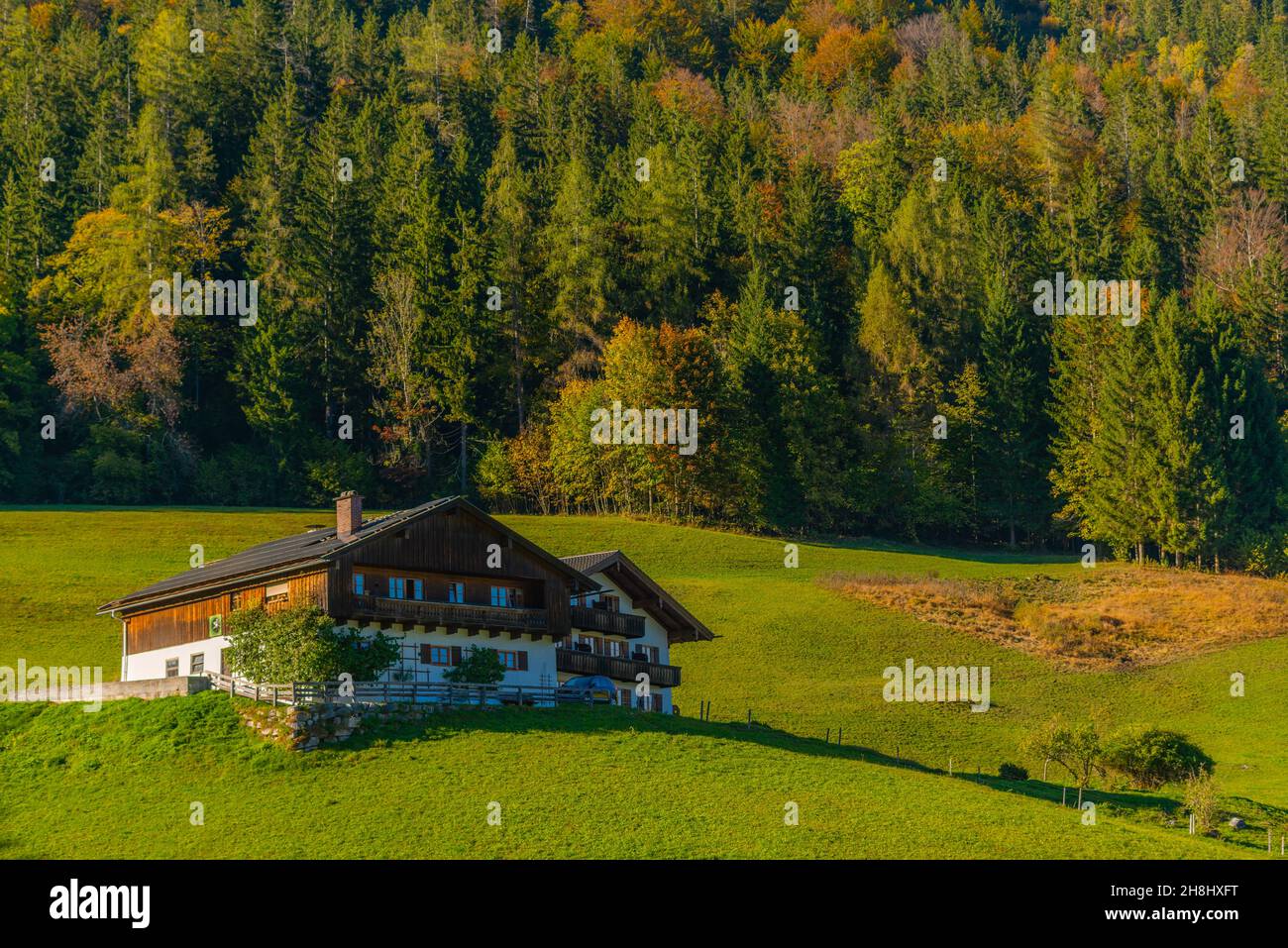 Der Hintersee in den bayerischen Alpen in seinen wunderschönen Herbstfarben, Ramsau bei Berchtesgaden, Oberbayern, Süddeutschland, Europa Stockfoto