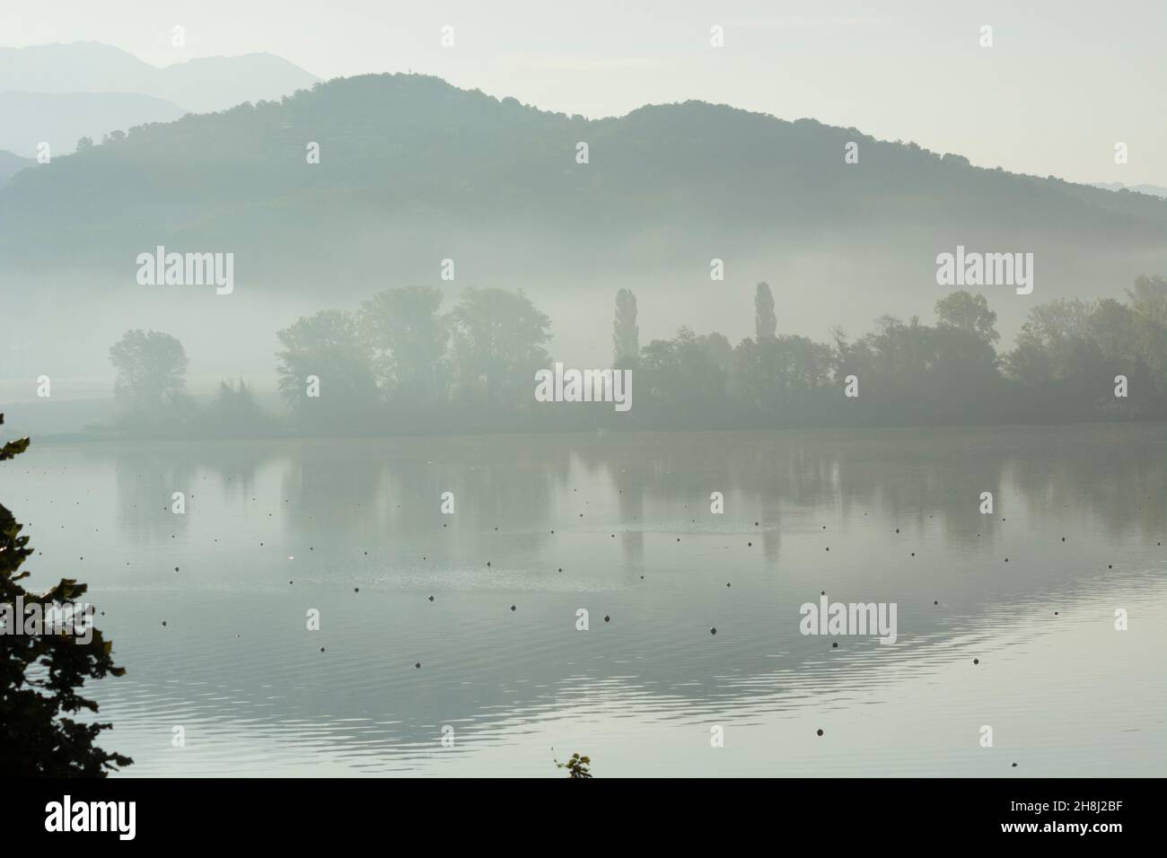Nebliger Tag in der Wintersaison am See Stockfoto