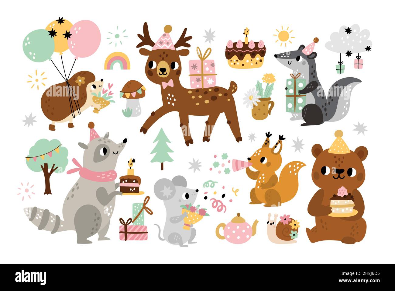 Niedliche Geburtstagstiere. Kids Holiday Party, Kinder Cartoon Wald Zeichen mit dekorativen Attributen, Feier Elemente, Igel mit Ballons Stock Vektor