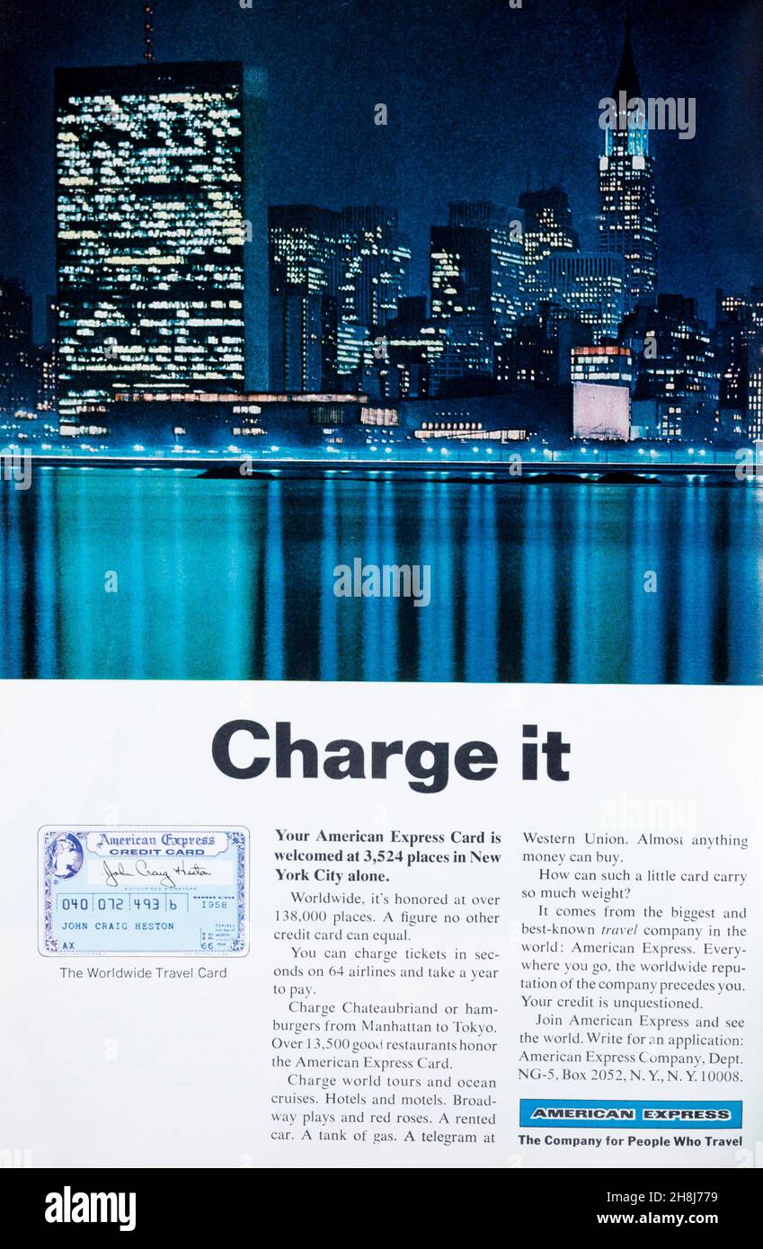 1966 Anzeige in der Zeitschrift für Kreditkarten von American Express. Stockfoto