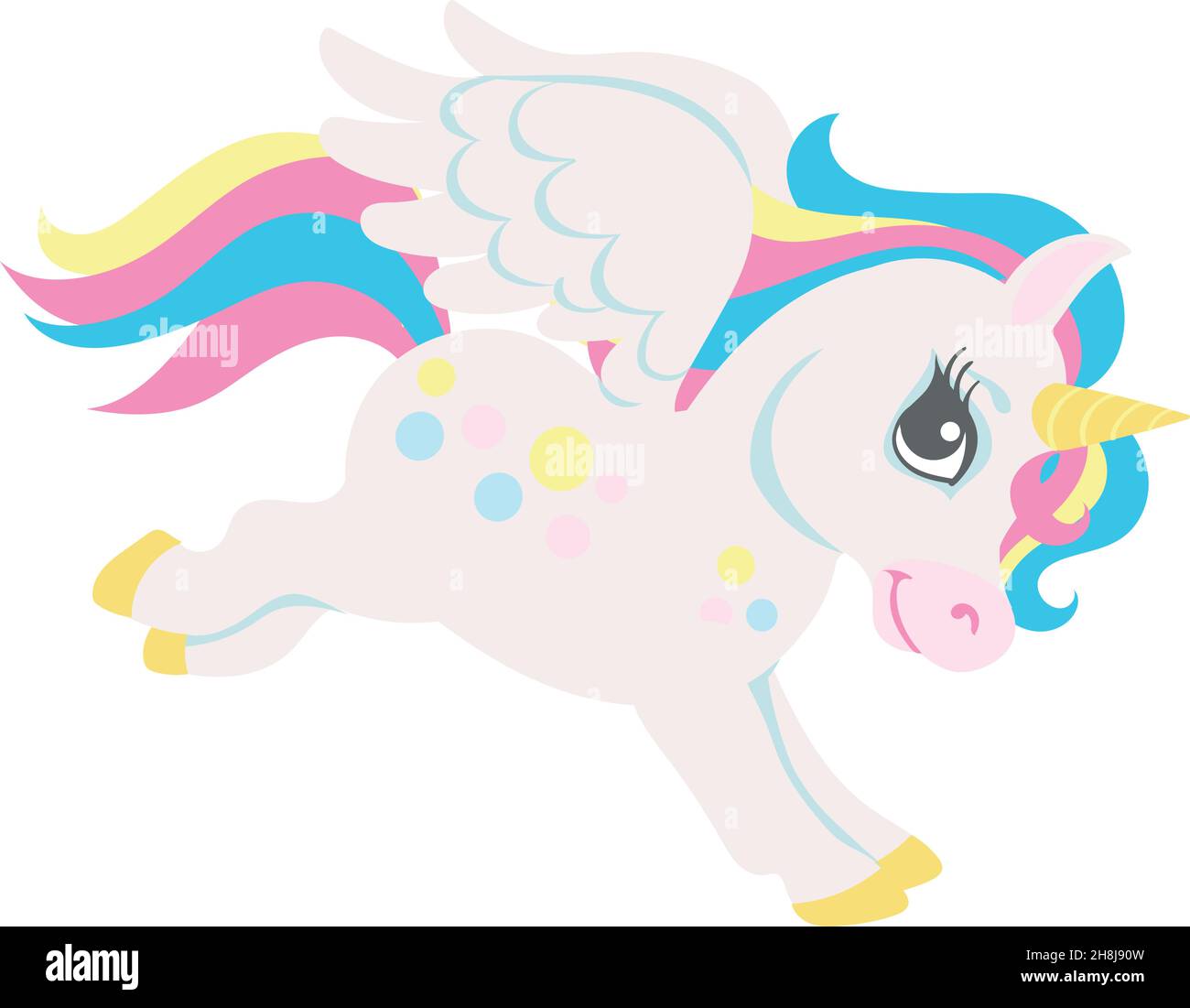 Niedliches kleines Einhorn beim Fliegen. Fließendes magisches Tier mit Flügeln Stock Vektor